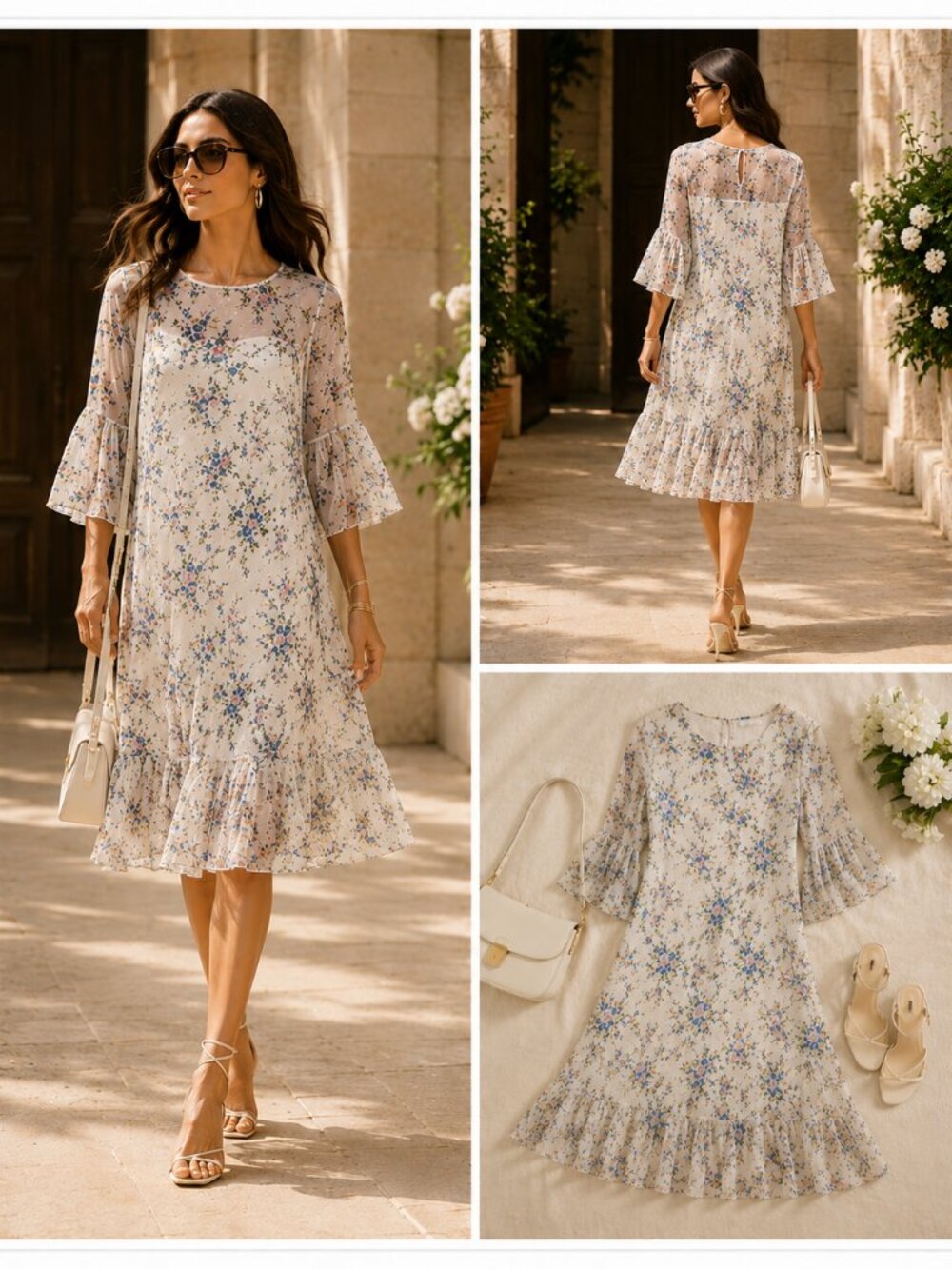 Pietro Brunelli Milano Italian Floral Chiffon Midi Dress Romantic Cottagecore